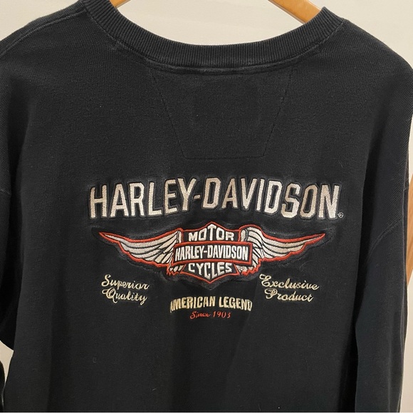 Vintage Harley Davidson Embroidered Henley Thermal Long Sleeve Top in Black - Picture 2 of 4